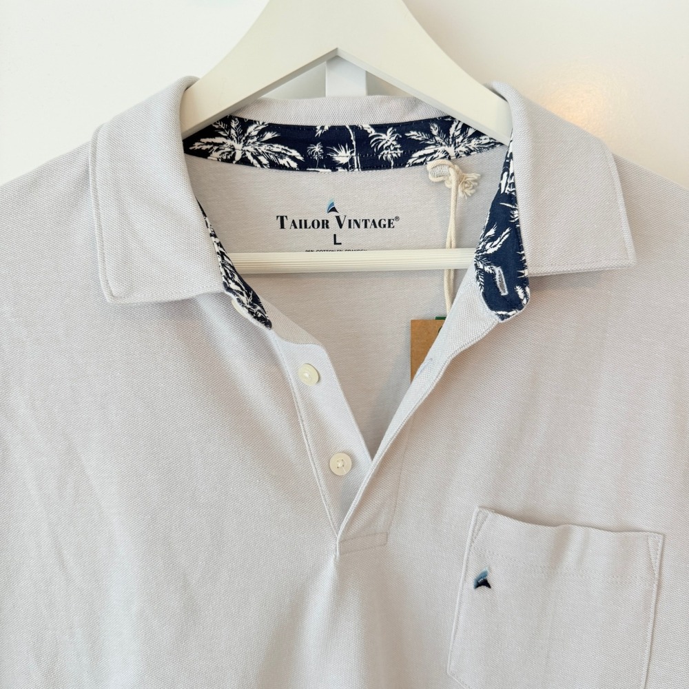 Tailor Vintage Mens Large Gray Pique Polo Shirt Palm Tree Collar Trim NWT - Picture 4 of 4